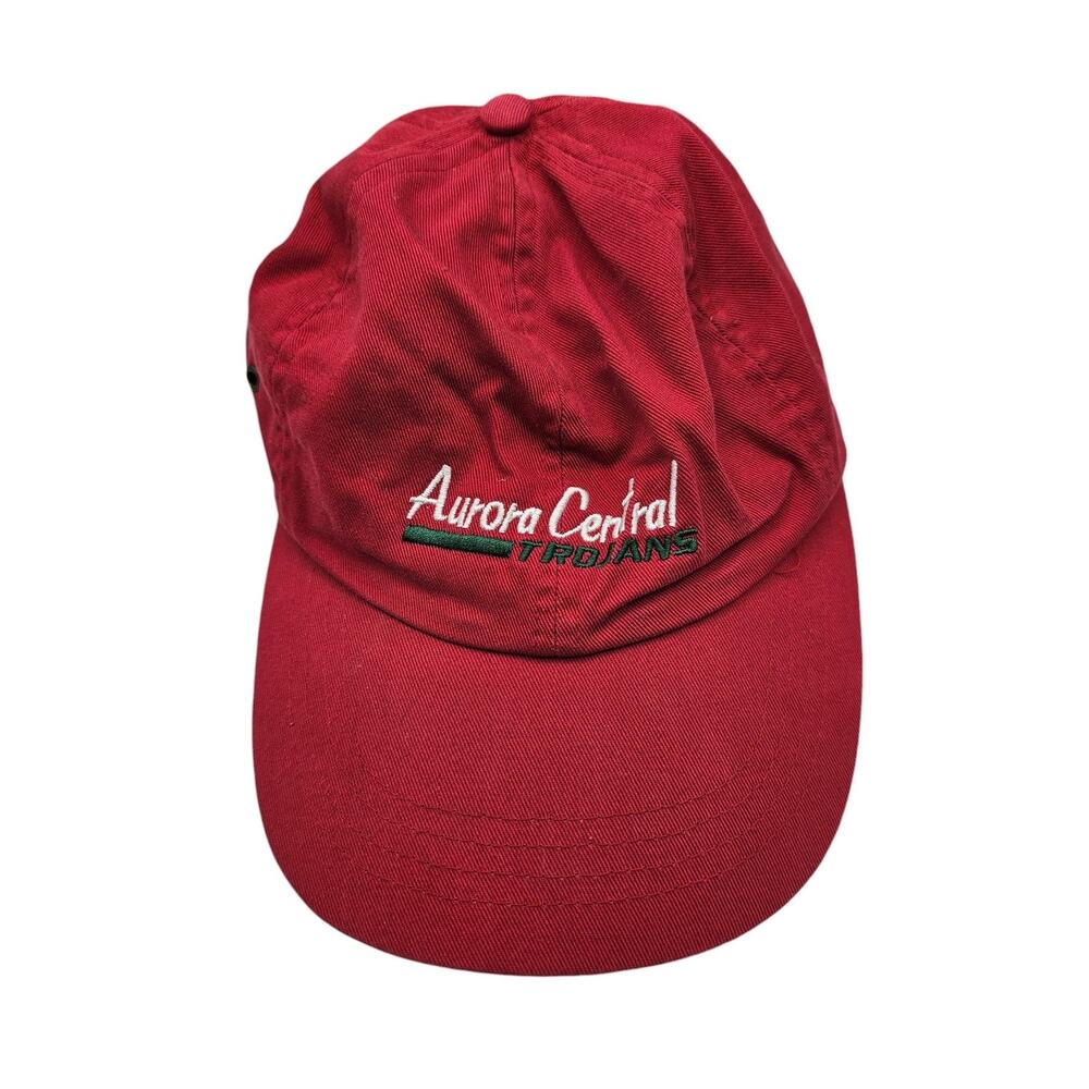 Vintage 1990s Aurora Central Trojans Embroidered Strapback Dad Baseball Hat Red